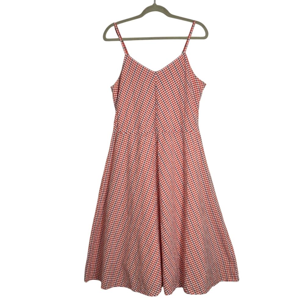 LL Bean Signature Midi Dress Women's Size 14 Plaid Red White Lined Cotton Casual